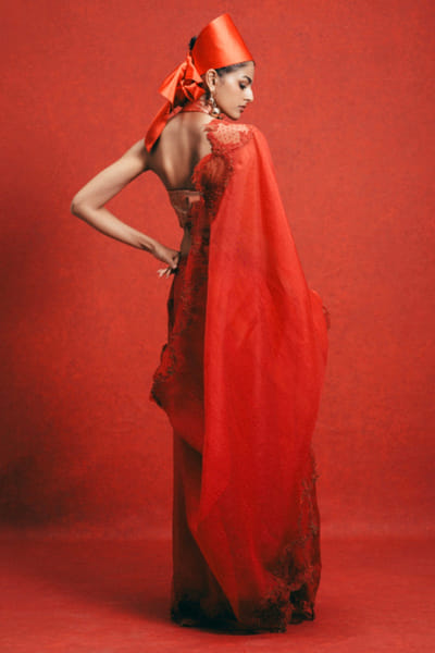 Ekaya Red embroidered kora banarasi sari EKAJAN26D137345