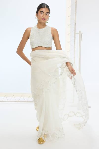 Off-white pearl embroidered woven sari set