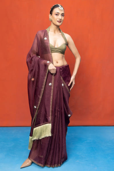Ekaya Garnet kora embroidered sari EKAYMAY26D144913