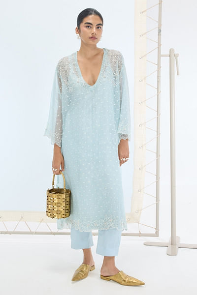Aqua green embroidered-dobby woven kurta set