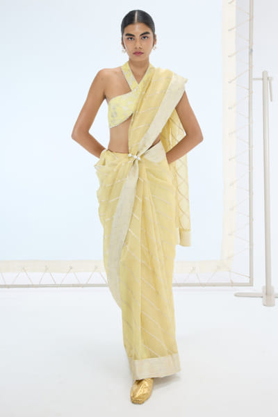 Lemon striped zari kadhwa banarasi sari set