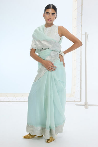 Sea green embroidery kadhwa banarasi sari set