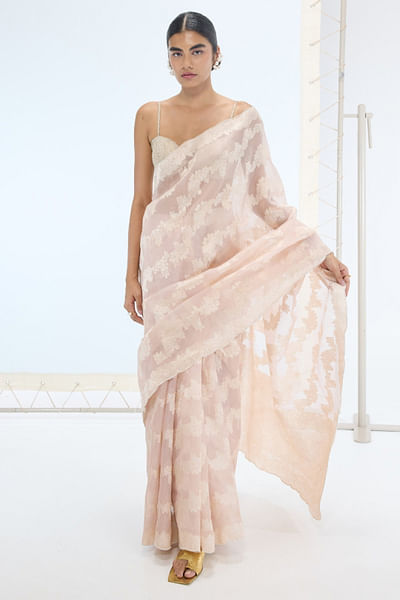 Peach embroidered kadhwa banarasi sari set