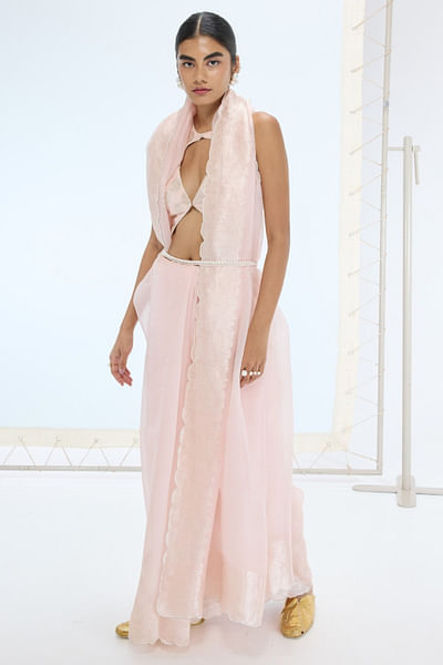 Peach embroidery kadhwa banarasi sari set