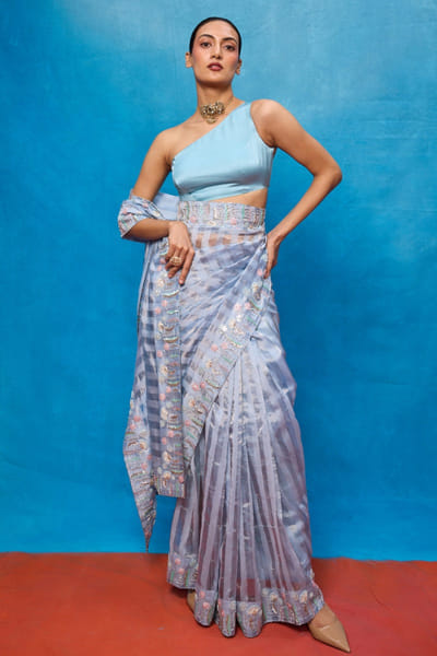 Ekaya Ice blue tissue embroidered sari EKAYMAY26D144919