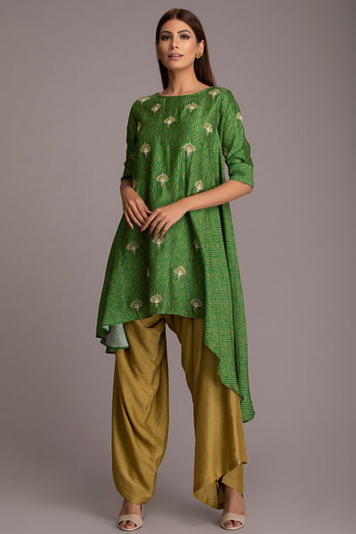 Green & yellow asymmetric tunic and dhoti