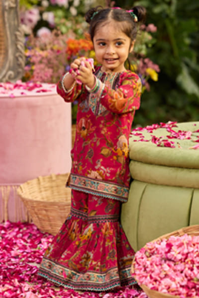 Crimson floral printed gharara set