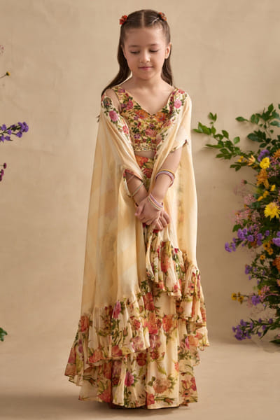 Cream floral printed sharara set