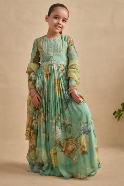 Aqua green floral printed anarkali set