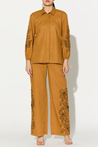 KoAi Dark mustard embroidered linen shirt KOAIMAY26D143940
