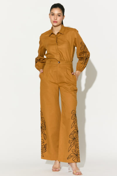 KoAi Dark mustard embroidered linen pants KOAIMAY26D143941