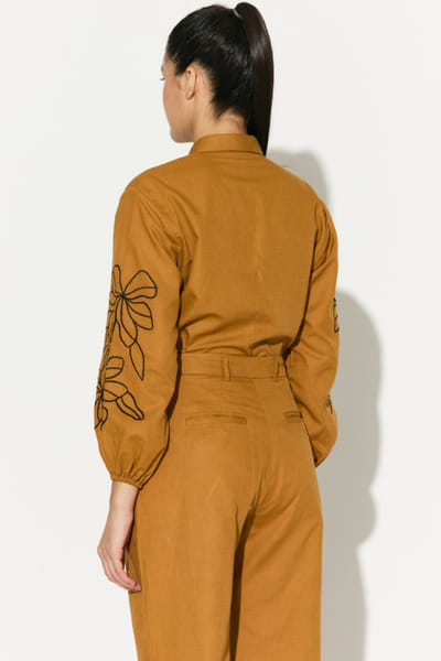 KoAi Dark mustard embroidered linen pants KOAIMAY26D143941