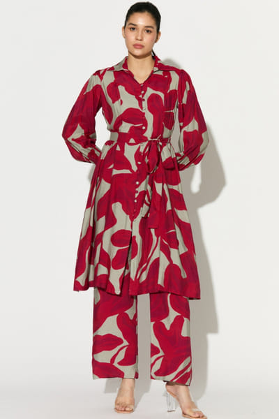KoAi Beige and hot pink floral printed long shirt KOAIMAY26D244087