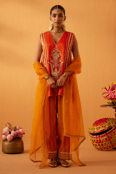 Kohbar Orange embroidered silk chanderi kurta set KOHBAPR26D143120