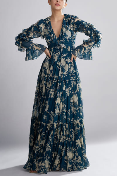 Teal floral printed maxi dress