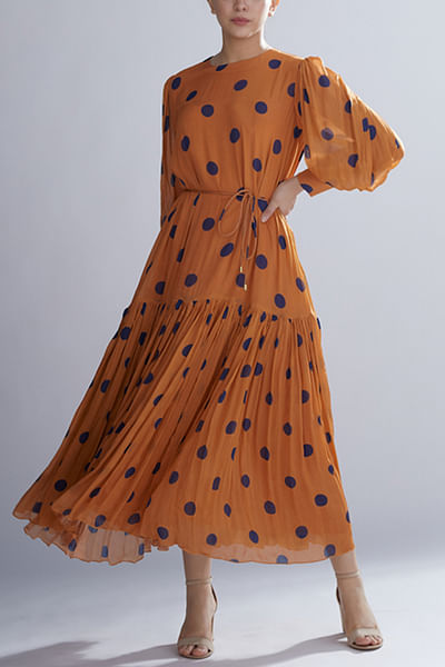 Orange and blue polka printed dress