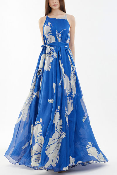 Blue floral print long dress
