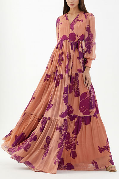Floral print chiffon wrap dress