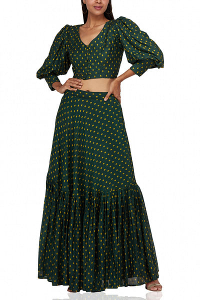 Green printed crop top & skirt