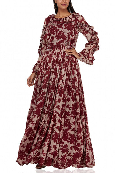 Beige & burgundy printed maxi dress