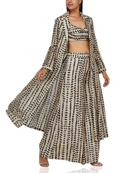 KoAi Ivory printed bralette, palazzo & jacket KOISEPT19010
