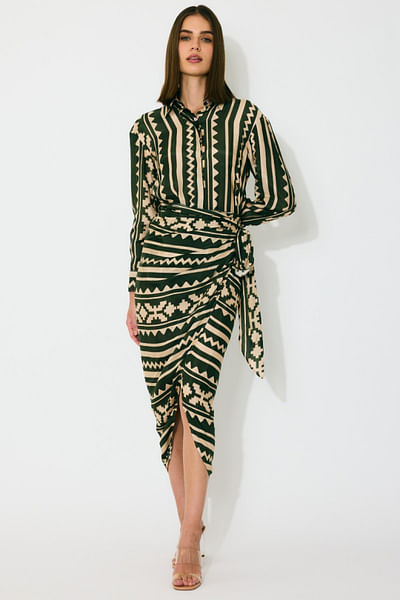 Dark green and cream printed wrap skirt