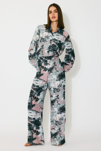 Pink and grey toile printed pants