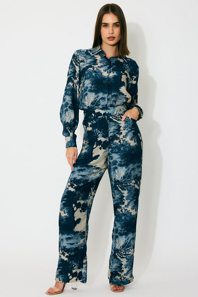 Indigo and beige toile printed pants