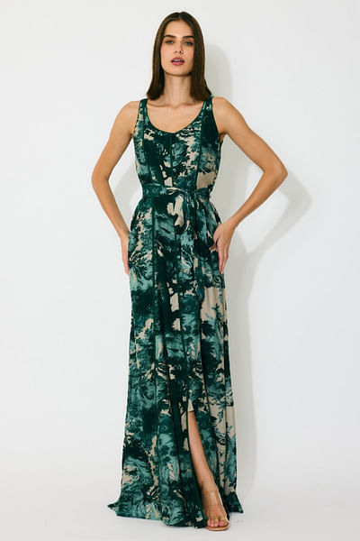 Dark green and beige toile print belted dress
