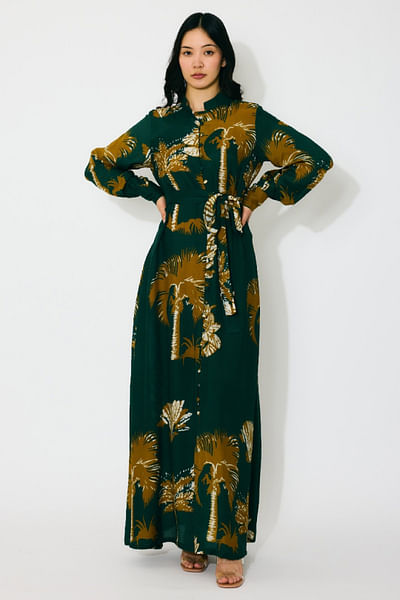 Dark green and mustard printed belted dress