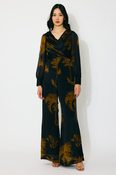Black and gold printed wrap jumpsuit