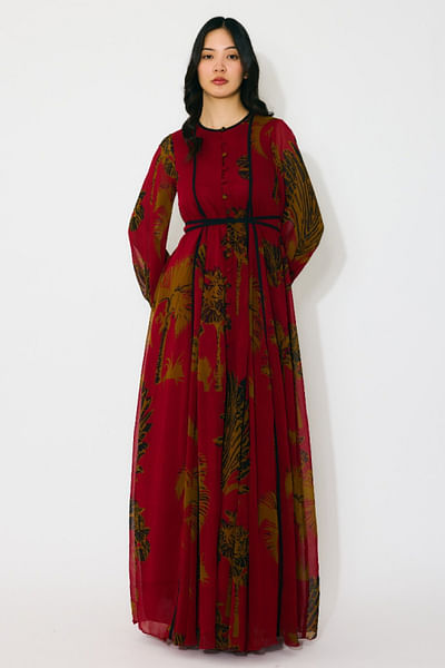 Red and mustard printed and belted dress
