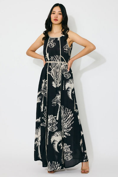 Black and beige printed and belted dress