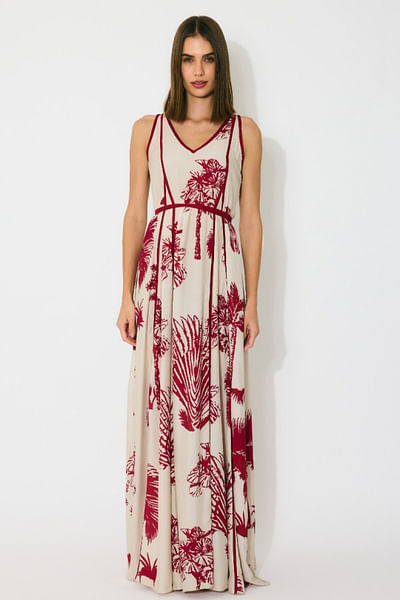 Beige and red printed and belted dress