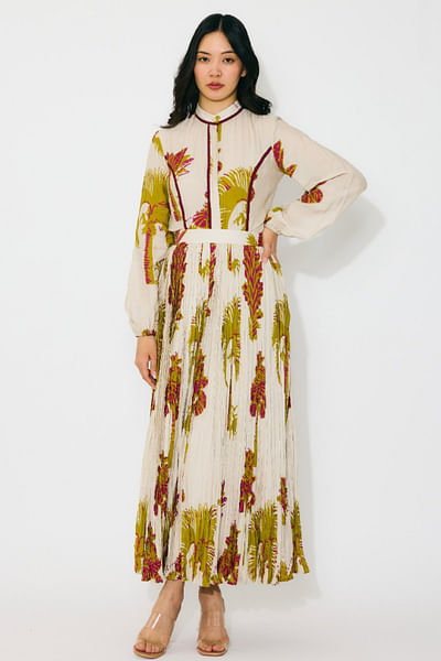 Beige and mustard printed and crinkled skirt