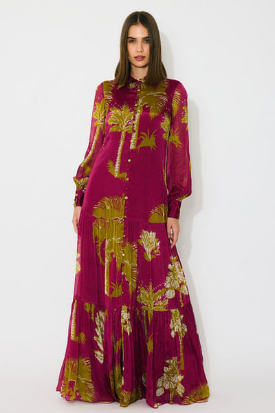 Hot pink and mustard printed shirt dress