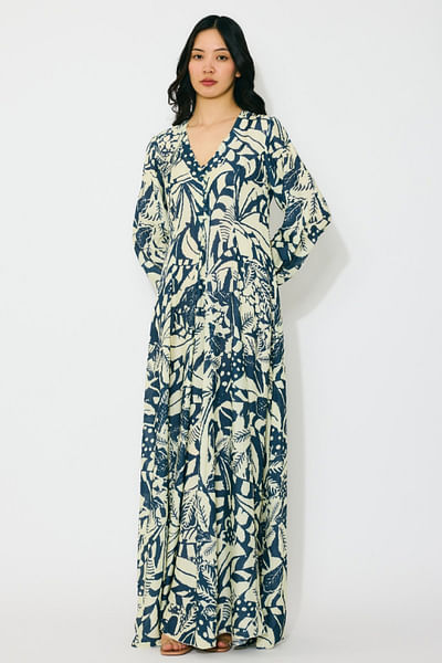 Off-white and indigo printed and belted dress