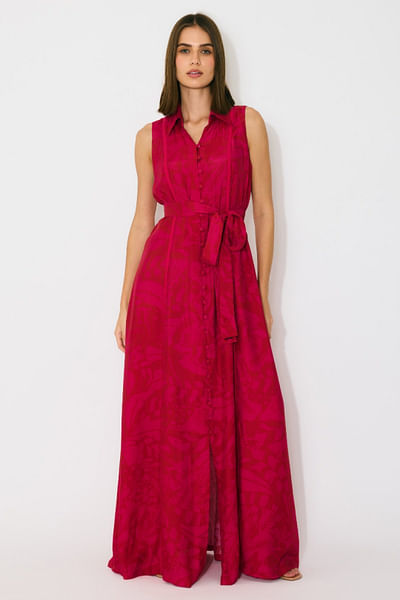 Hot pink and red printed belted shirt dress
