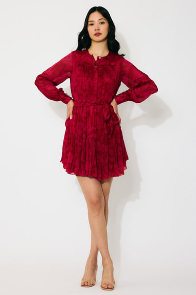 Hot pink and red printed and belted dress