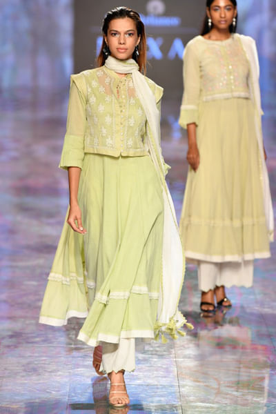 Green knife-pleated anarkali set