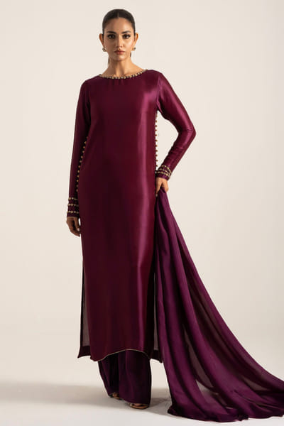 Khushboo & Pankaj Purple wine embroidered silk kurta set KHUSAPR26D143294