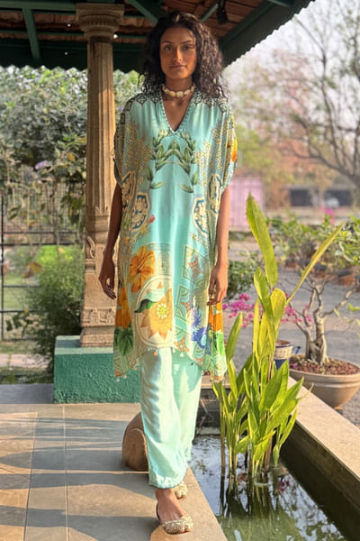 Aqua floral and artisanal printed co-ords