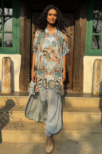 Grey floral and bird printed co-ords