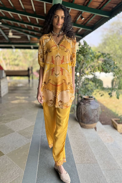 Yellow floral and bird printed co-ords