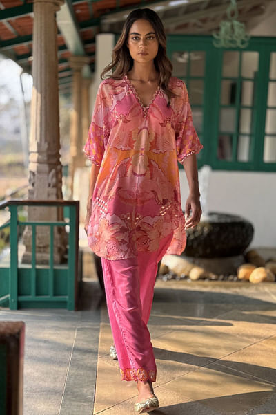 Pink floral and bird printed co-ords