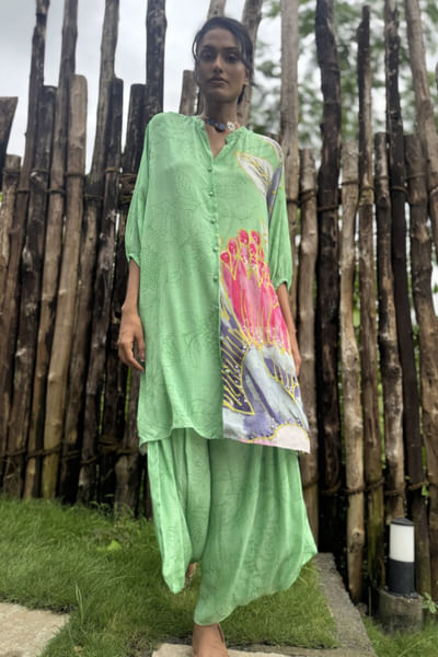 Mint green floral printed tunic set