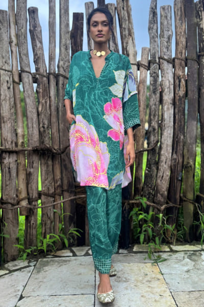 Green floral printed co-ords