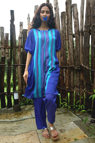 Blue stripe printed tunic set