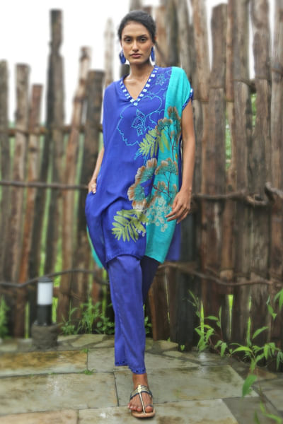 Blue fern printed tunic set