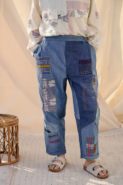 Meld studio Denim blue upcycled kantha applique trousers MELDAUG26D151875